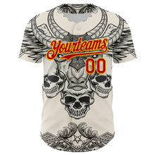 Laden Sie das Bild in den Galerie-Viewer, Custom Cream Red-Yellow 3D Pattern Design Burner Costumes Hell Skull Authentic Baseball Jersey
