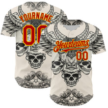 Laden Sie das Bild in den Galerie-Viewer, Custom Cream Red-Yellow 3D Pattern Design Burner Costumes Hell Skull Authentic Baseball Jersey
