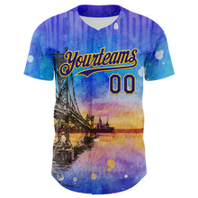 Загрузить изображение в средство просмотра галереи, Custom Blue Dark Purple-Gold 3D Pattern Design Manhattan Bridge New York Sunset Authentic Baseball Jersey
