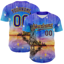 Загрузить изображение в средство просмотра галереи, Custom Blue Dark Purple-Gold 3D Pattern Design Manhattan Bridge New York Sunset Authentic Baseball Jersey
