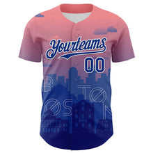 Load image into Gallery viewer, Custom Pink Royal Blue-White 3D Pattern Design Boston Cityscape Sunset Authentic Baseball Jersey
