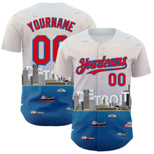 Load image into Gallery viewer, Custom White Fire Red-Blue 3D Pattern Design Detroit Cityscape Skyline Authentic Baseball Jersey
