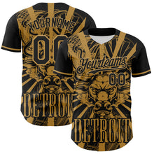 Load image into Gallery viewer, Custom Black Old Gold 3D Pattern Design Detroit Cityscape Steampunk Engine Bull Authentic Baseball Jersey
