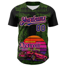 Load image into Gallery viewer, Custom Black Royal Green Fire Red-White 3D Pattern Design Detroit Cityscape Muscle Car Engine Authentic Baseball Jersey
