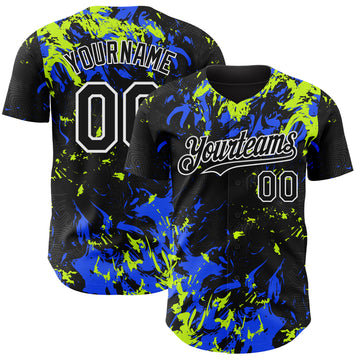 Custom Black Royal Neon Green-White 3D Pattern Design Splash Authentic Baseball Jersey