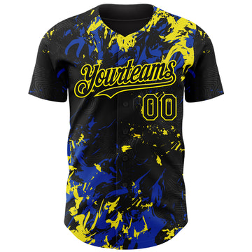 Custom Black Thunder Blue-Light Yellow 3D Pattern Design Splash Authentic Baseball Jersey