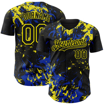 Custom Black Thunder Blue-Light Yellow 3D Pattern Design Splash Authentic Baseball Jersey