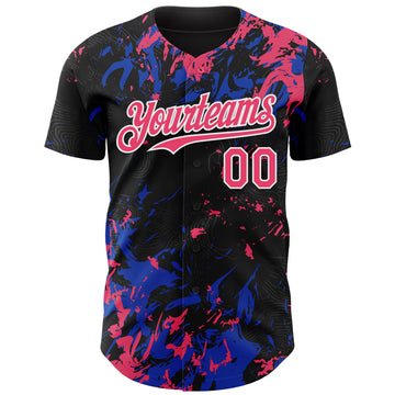 Custom Black Neon Pink Thunder Blue-White 3D Pattern Design Splash Authentic Baseball Jersey