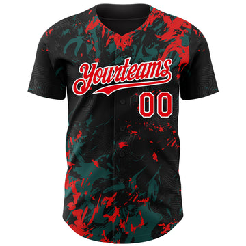 Custom Black Fire Red Midnight Green-White 3D Pattern Design Splash Authentic Baseball Jersey