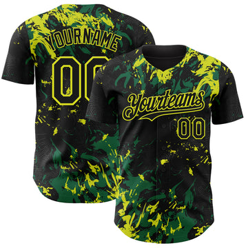 Custom Black Kelly Green-Neon Yellow 3D Pattern Design Splash Authentic Baseball Jersey