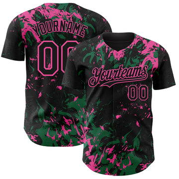 Custom Black Kelly Green-Pink 3D Pattern Design Splash Authentic Baseball Jersey