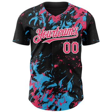 Custom Black Neon Pink Sky Blue-White 3D Pattern Design Splash Authentic Baseball Jersey