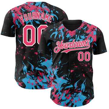 Custom Black Neon Pink Sky Blue-White 3D Pattern Design Splash Authentic Baseball Jersey