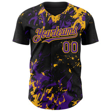 Charger l'image dans la galerie, Custom Black Purple-Gold 3D Pattern Design Splash Authentic Baseball Jersey
