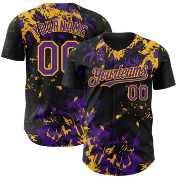 Custom Black Purple-Gold 3D Pattern Design Splash Authentic Baseball Jersey