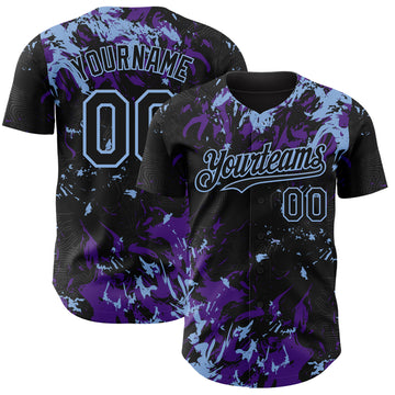Custom Black Purple-Light Blue 3D Pattern Design Splash Authentic Baseball Jersey