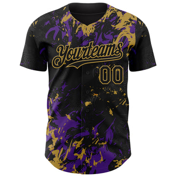 Custom Black Purple-Old Gold 3D Pattern Design Splash Authentic Baseball Jersey