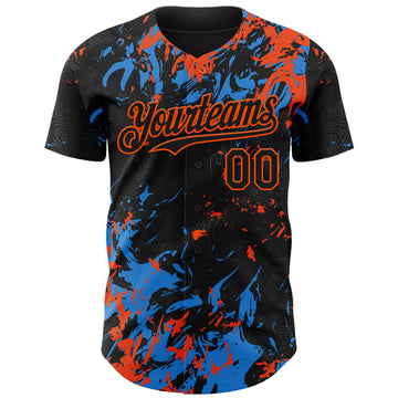 Custom Black Electric Blue-Orange 3D Pattern Design Splash Authentic Baseball Jersey