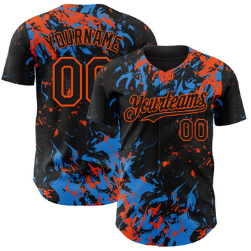 Custom Black Electric Blue-Orange 3D Pattern Design Splash Authentic Baseball Jersey