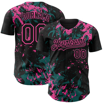 Custom Black Teal-Pink 3D Pattern Design Splash Authentic Baseball Jersey