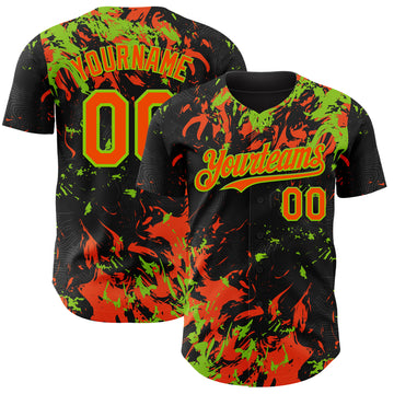 Custom Black Orange-Neon Green 3D Pattern Design Splash Authentic Baseball Jersey
