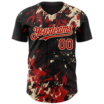 Custom Black Red-Cream 3D Pattern Design Splash Authentic Baseball Jersey