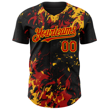 Custom Black Red-Gold 3D Pattern Design Splash Authentic Baseball Jersey