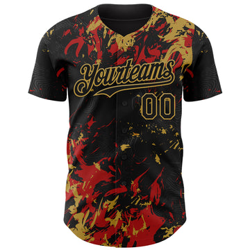 Custom Black Red-Old Gold 3D Pattern Design Splash Authentic Baseball Jersey