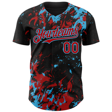 Custom Black Red-Sky Blue 3D Pattern Design Splash Authentic Baseball Jersey