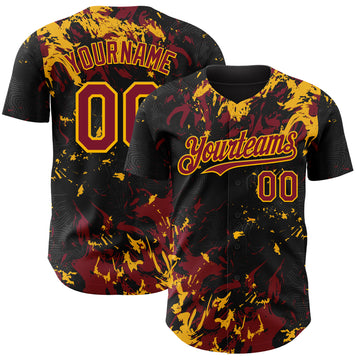 Custom Black Crimson-Gold 3D Pattern Design Splash Authentic Baseball Jersey
