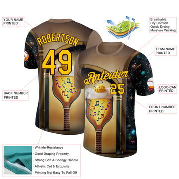 Custom Brown Yellow-Black 3D Funny Pickleball Paddles Balls Guitar Performance T-Shirt