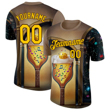 Laden Sie das Bild in den Galerie-Viewer, Custom Brown Yellow-Black 3D Funny Pickleball Paddles Balls Guitar Performance T-Shirt
