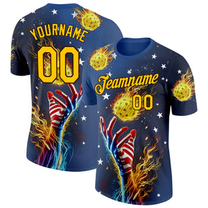 Custom Blue Yellow-Brown 3D Pickleball Balls American Flag Meteor Performance T-Shirt
