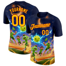 Charger l&#39;image dans la galerie, Custom Navy Yellow-Red 3D Charged Happy Family Pickleball Paddles Balls Performance T-Shirt

