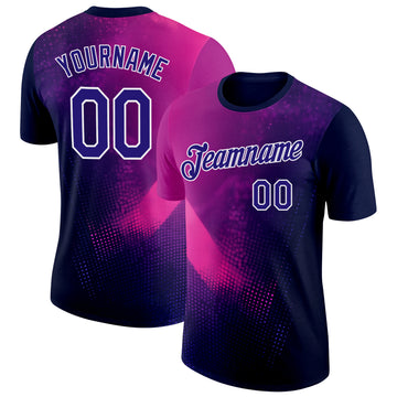 Custom Navy Dark Purple Pink-White 3D Pattern Design Gradient Neon Sport Wear Performance T-Shirt