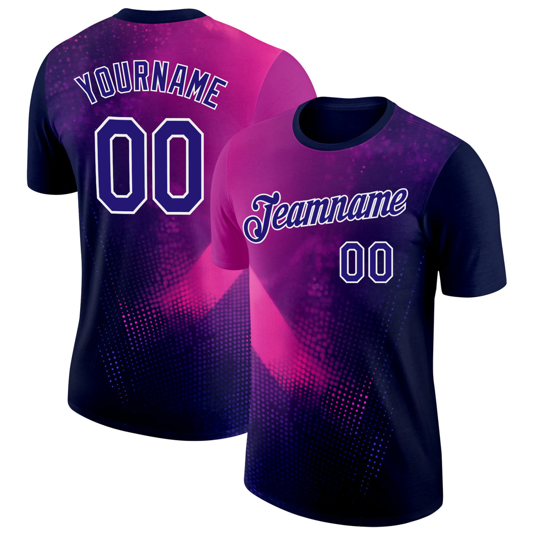 Custom Navy Dark Purple Pink-White 3D Pattern Design Gradient Neon Sport Wear Performance T-Shirt