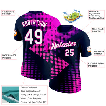 Custom Navy White-Deep Pink 3D Pattern Design Gradient Neon Sport Wear Performance T-Shirt