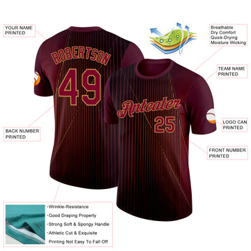 Custom Red Maroon-Old Gold 3D Pattern Design Gradient Stripe Sport Wear Performance T-Shirt