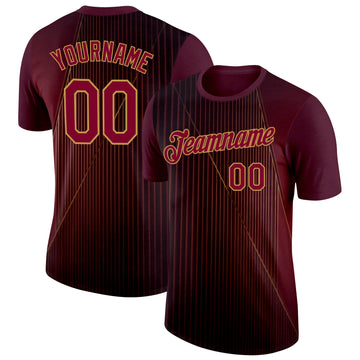 Custom Red Maroon-Old Gold 3D Pattern Design Gradient Stripe Sport Wear Performance T-Shirt