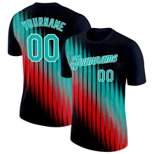 Charger l&#39;image dans la galerie, Custom Navy Aqua Red-White 3D Pattern Design Gradient Stripe Sport Wear Performance T-Shirt
