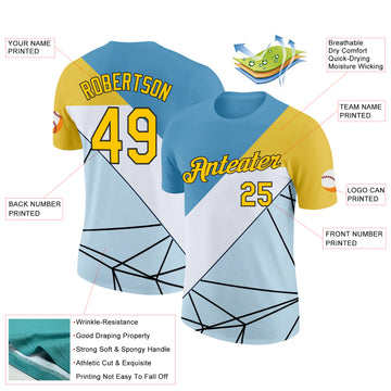 Custom Blue Yellow White-Black 3D Pattern Design Geometric Shape Sport Wear Performance T-Shirt