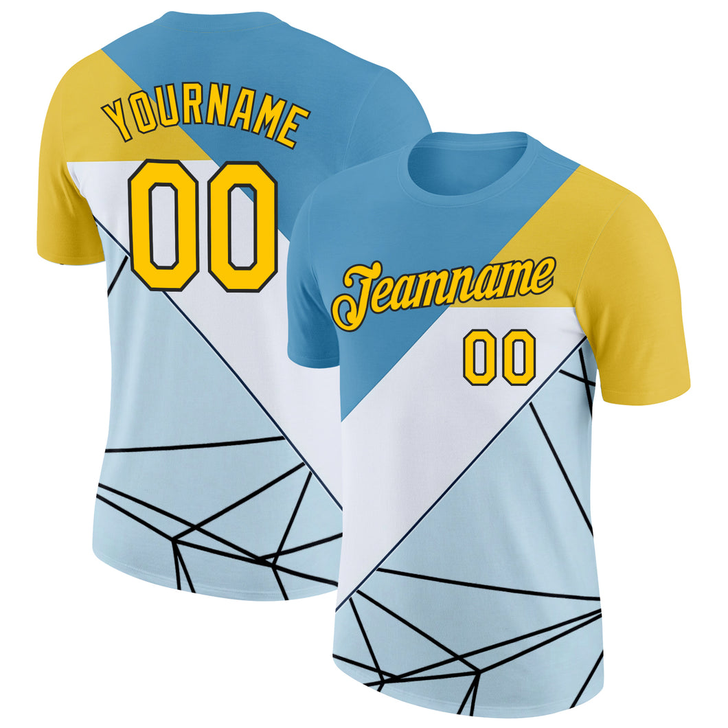 Custom Blue Yellow White-Black 3D Pattern Design Geometric Shape Sport Wear Performance T-Shirt