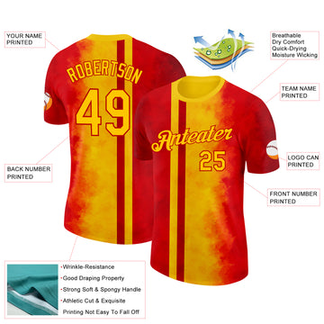 Custom Red Yellow 3D Pattern Design Spain Gradient Sport Wear Performance T-Shirt