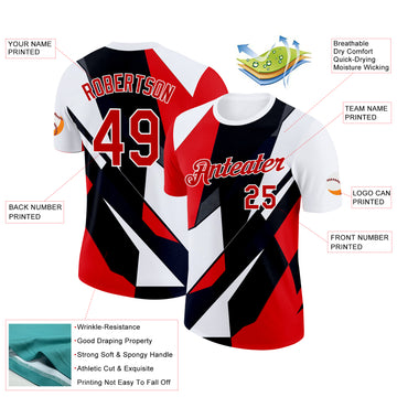 Custom White Red-Black 3D Pattern Design Geometric Shape Sport Wear Performance T-Shirt