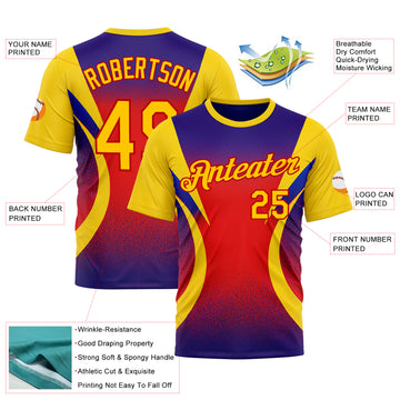Custom Yellow Purple-Red 3D Pattern Design Gradient Sport Wear Performance T-Shirt