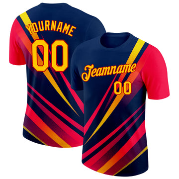 Custom Blue Yellow-Red 3D Pattern Design Gradient Line Sport Wear Performance T-Shirt