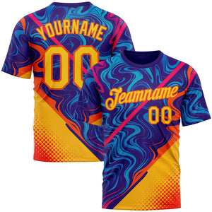 Custom Dark Purple Yellow-Orange 3D Pattern Design Romania Colombia Sport Wear Performance T-Shirt