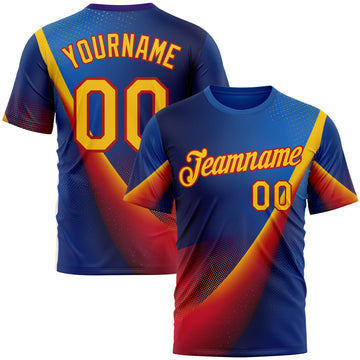 Custom Blue Yellow-Red 3D Pattern Design Romania Colombia Sport Wear Performance T-Shirt