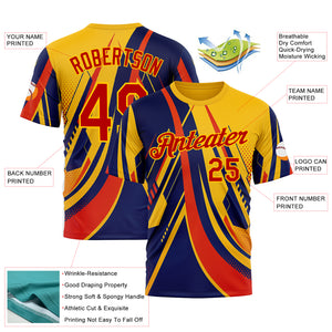 Custom Yellow Red-Blue 3D Pattern Design Romania Colombia Sport Wear Performance T-Shirt