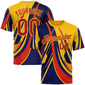Custom Yellow Red-Blue 3D Pattern Design Romania Colombia Sport Wear Performance T-Shirt